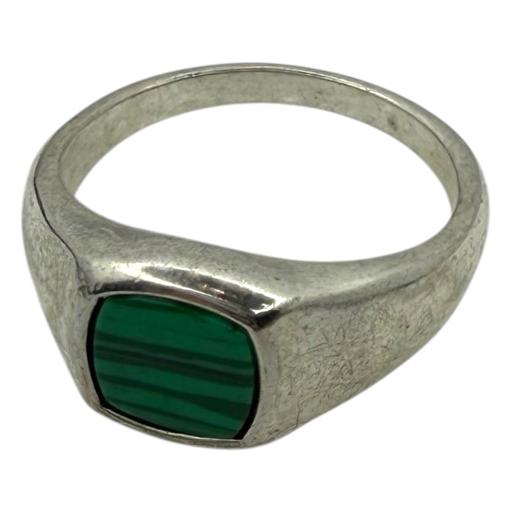Vintage Signet Ring Sterling Silver 925 Size 10.5 Green Malachite Banded Stone